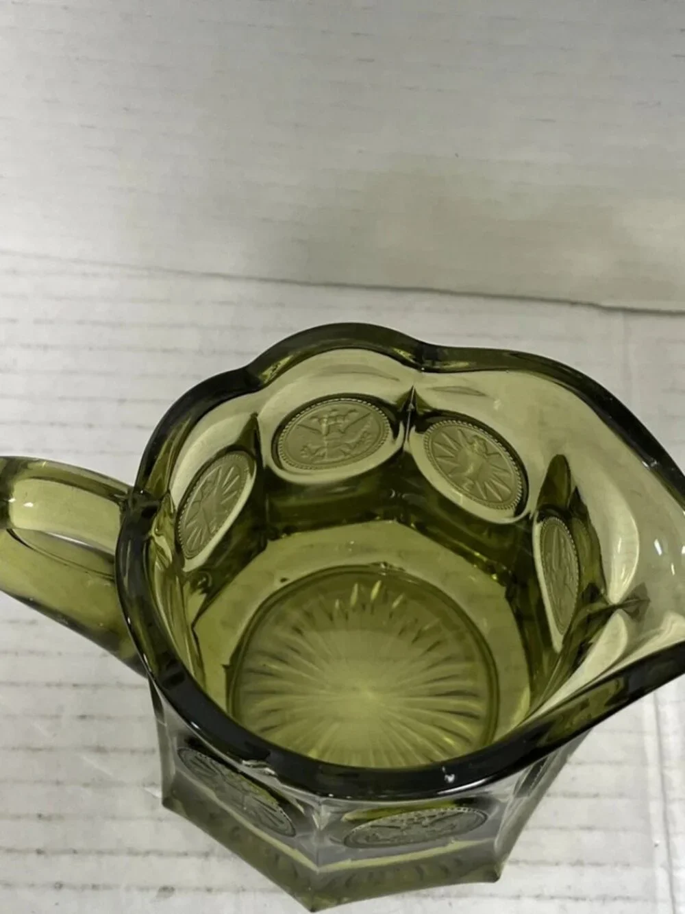 Vintage Fostoria Coin Glass Olive Green Creamer Pitcher